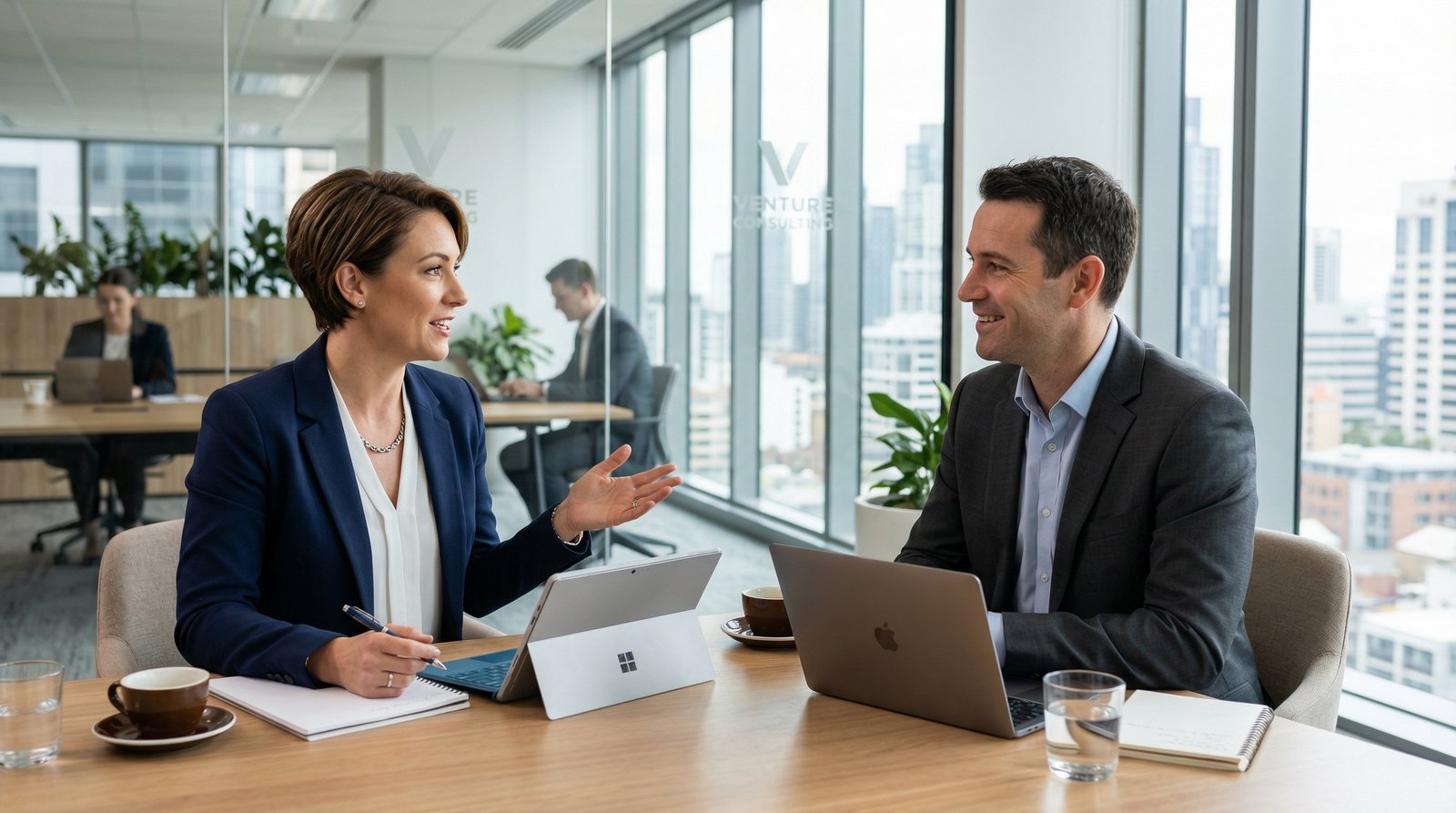 Professional consultant discussing business needs with clients